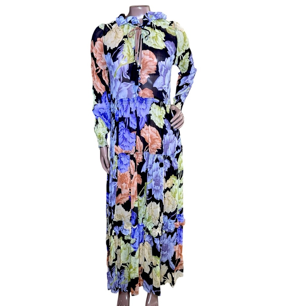 Anthropologie The Marais Printed Chiffon Maxi Dress Tiered Ruffle Ties Tassels